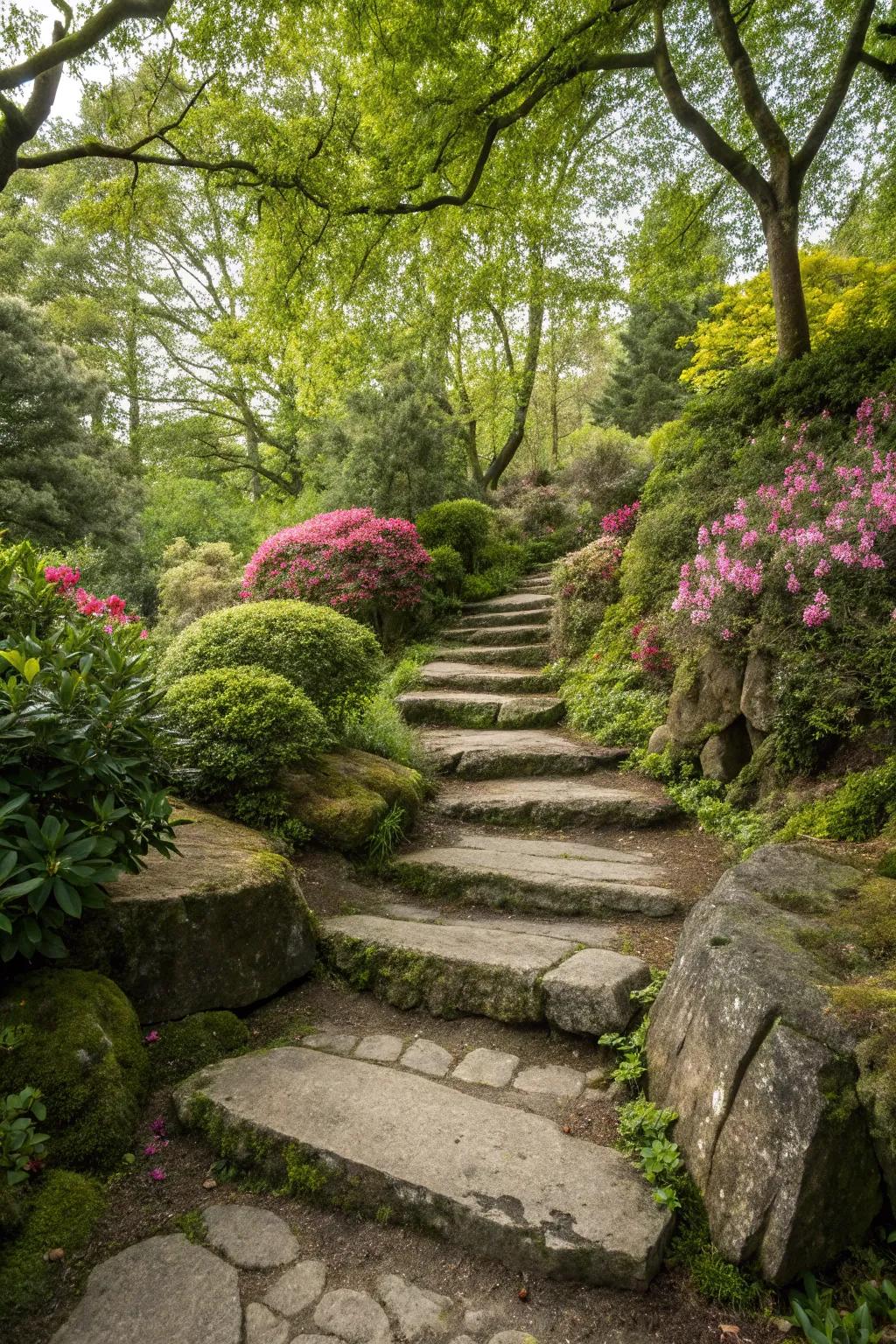 Natural stone steps make a charming, rustic garden path.