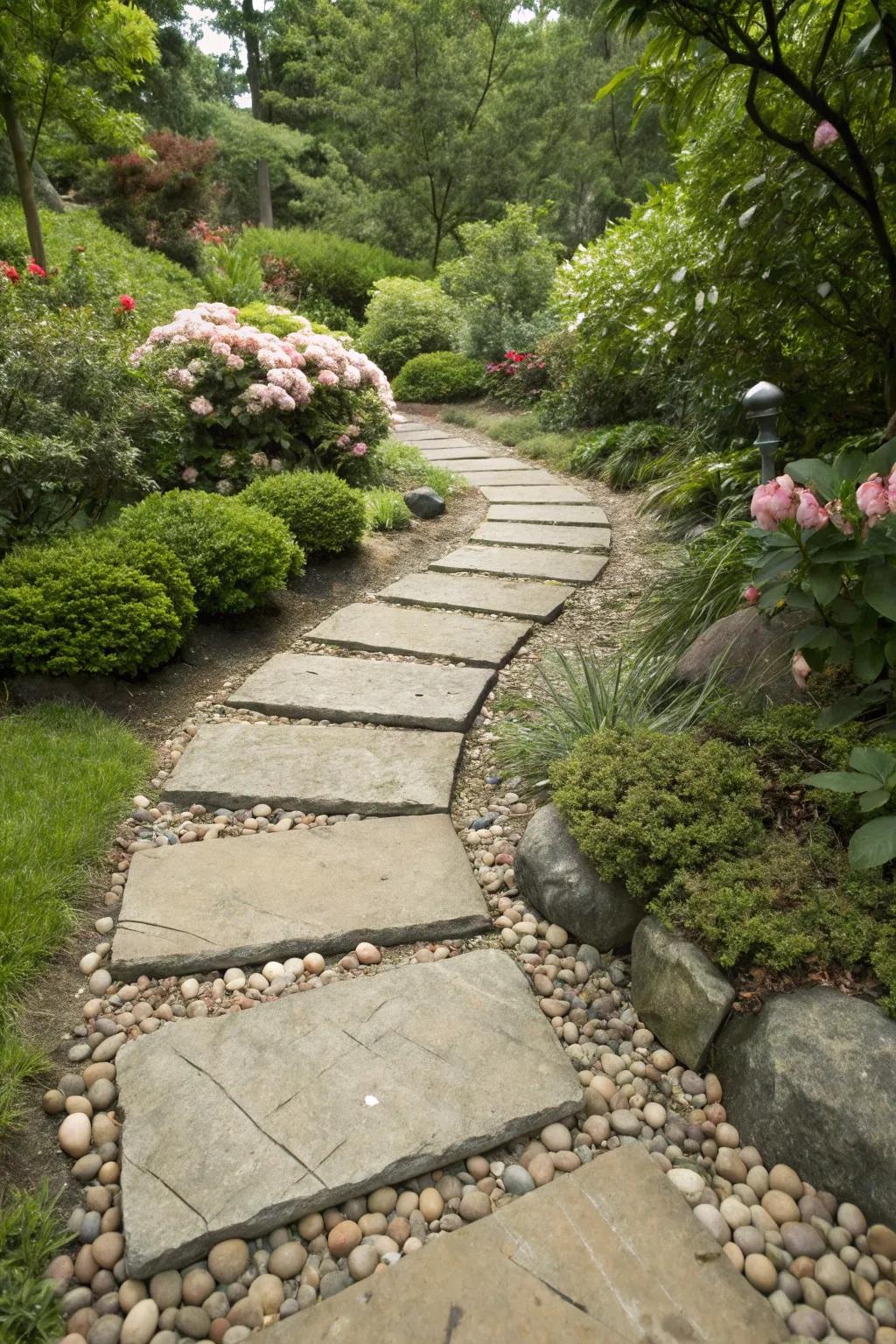 An organic stone walkway encourages discovery through vibrant foliage.