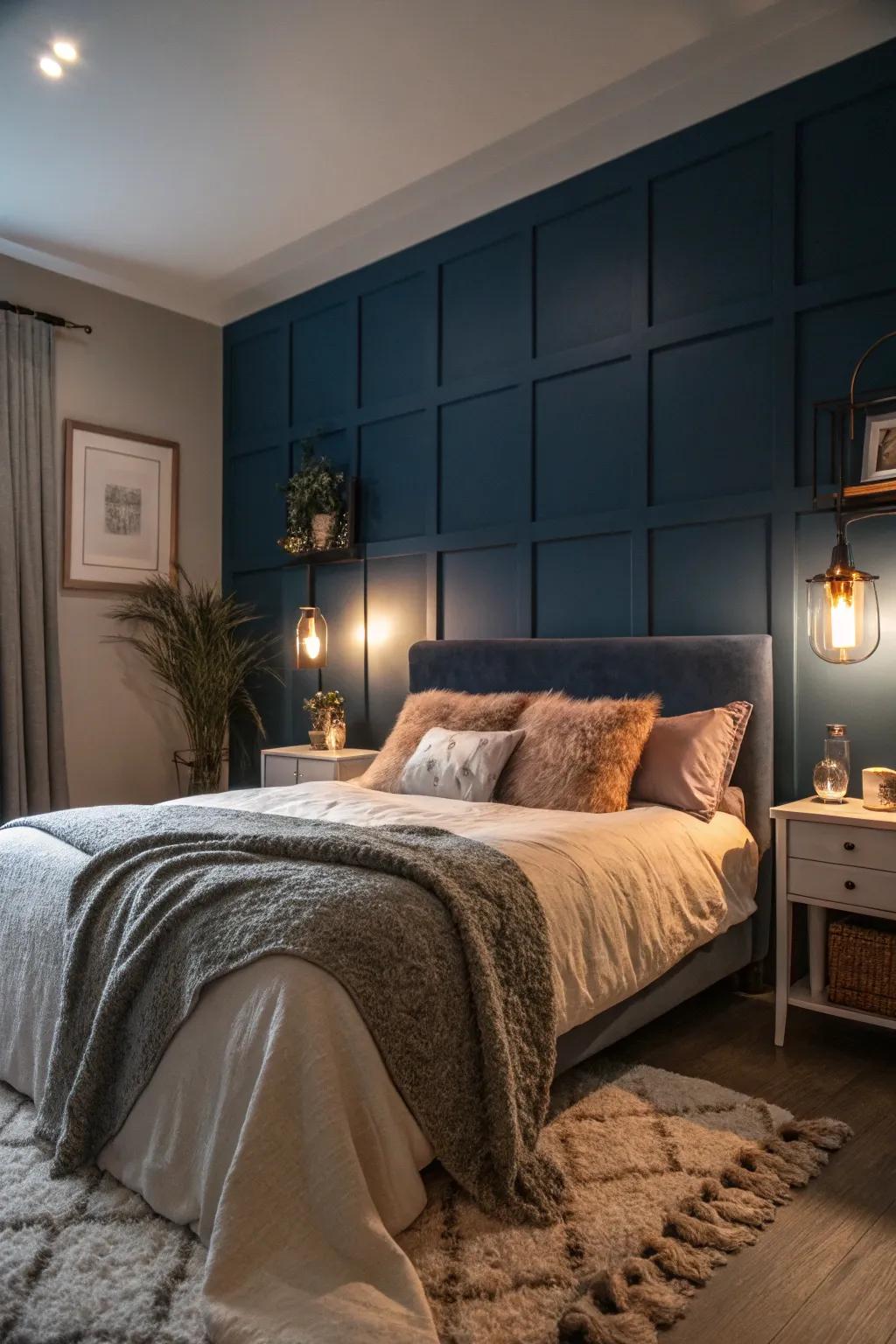 Deep blues conjure a snug, intimate bedroom setting.