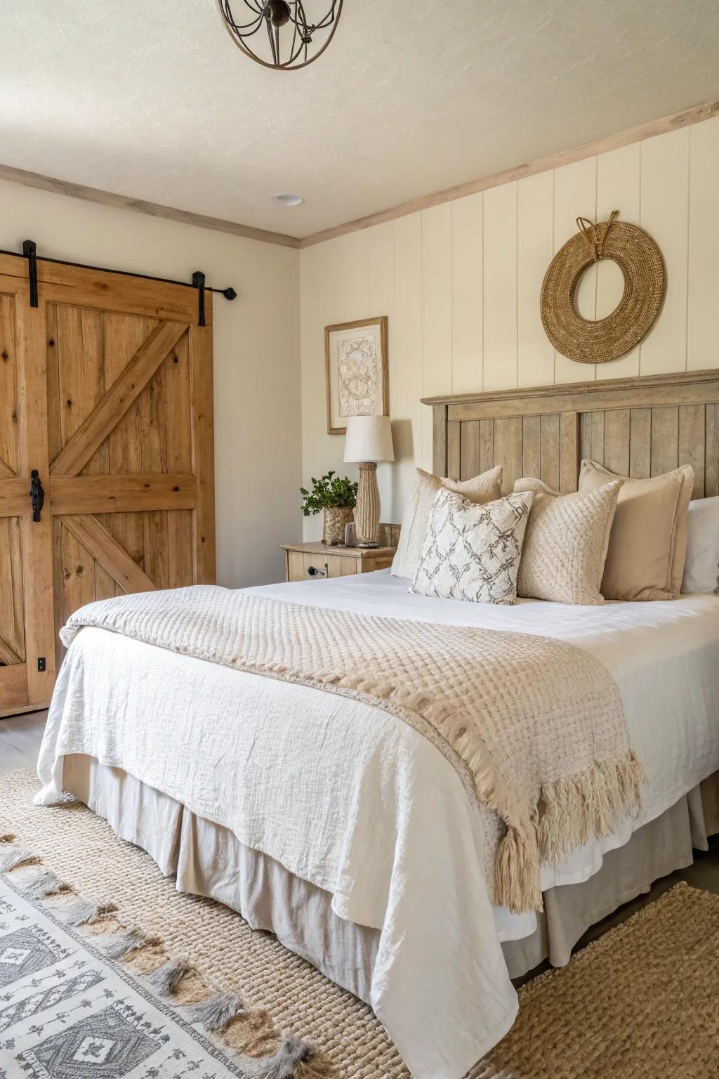 Subdued shades cultivate a serene farmhouse bedroom ambiance.