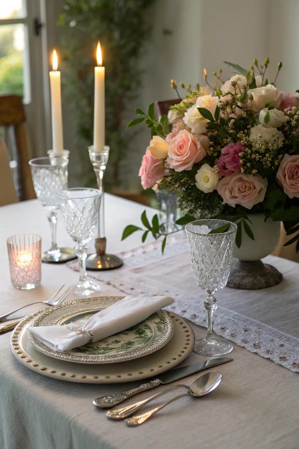 Create an enchanting scene for romance with a beautifully arranged dinner by candlelight.