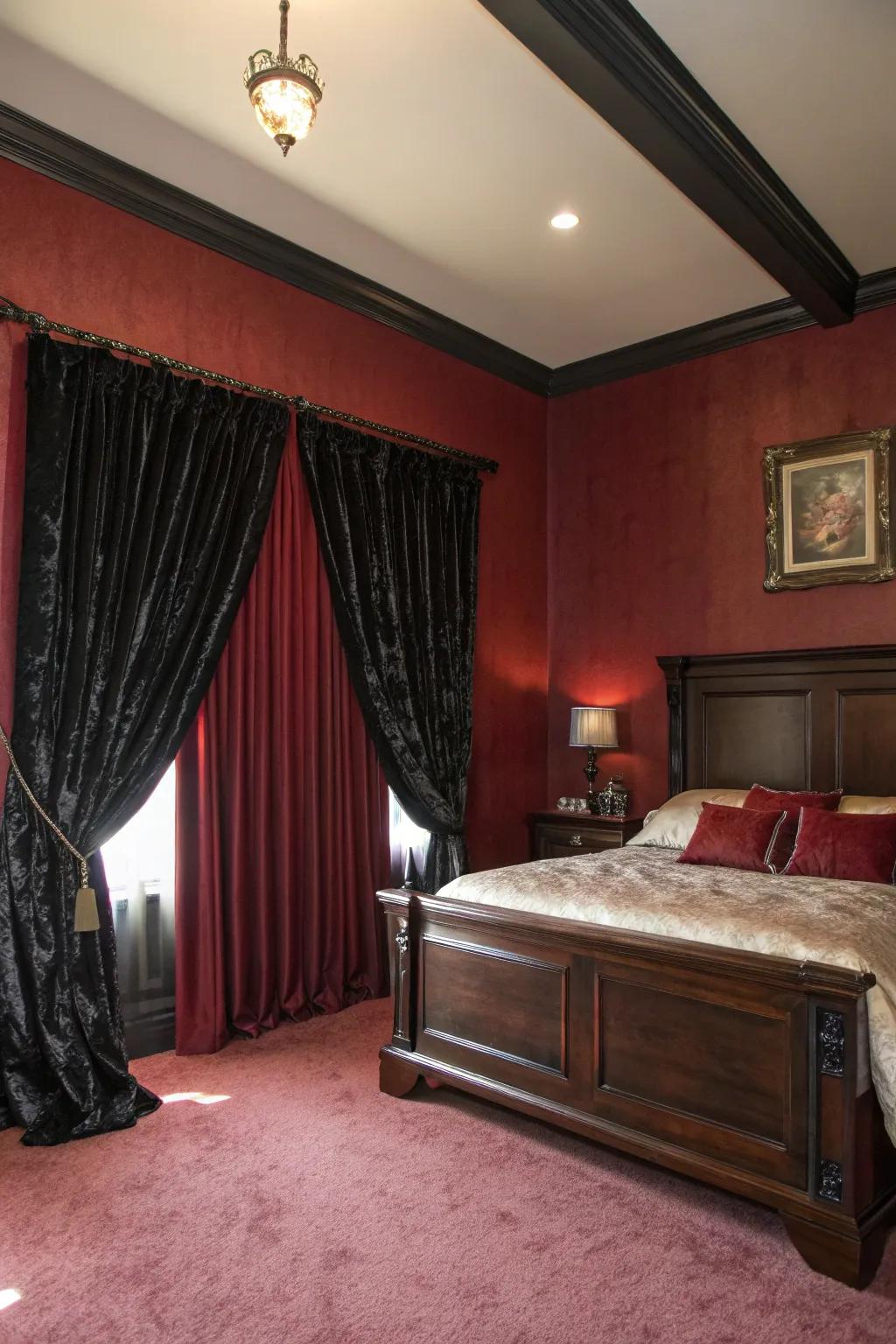 Deep crimson walls and black velvet panels craft a dramatic Victorian Gothic setting.