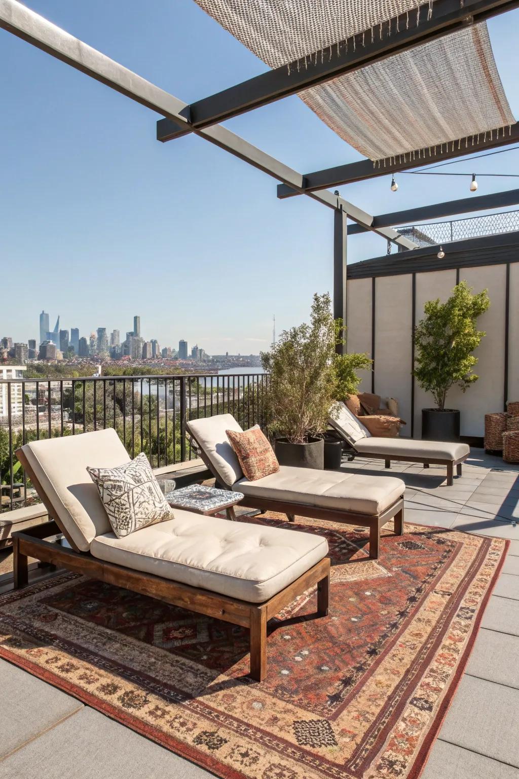 A rooftop relaxation spot with comfortable seating.