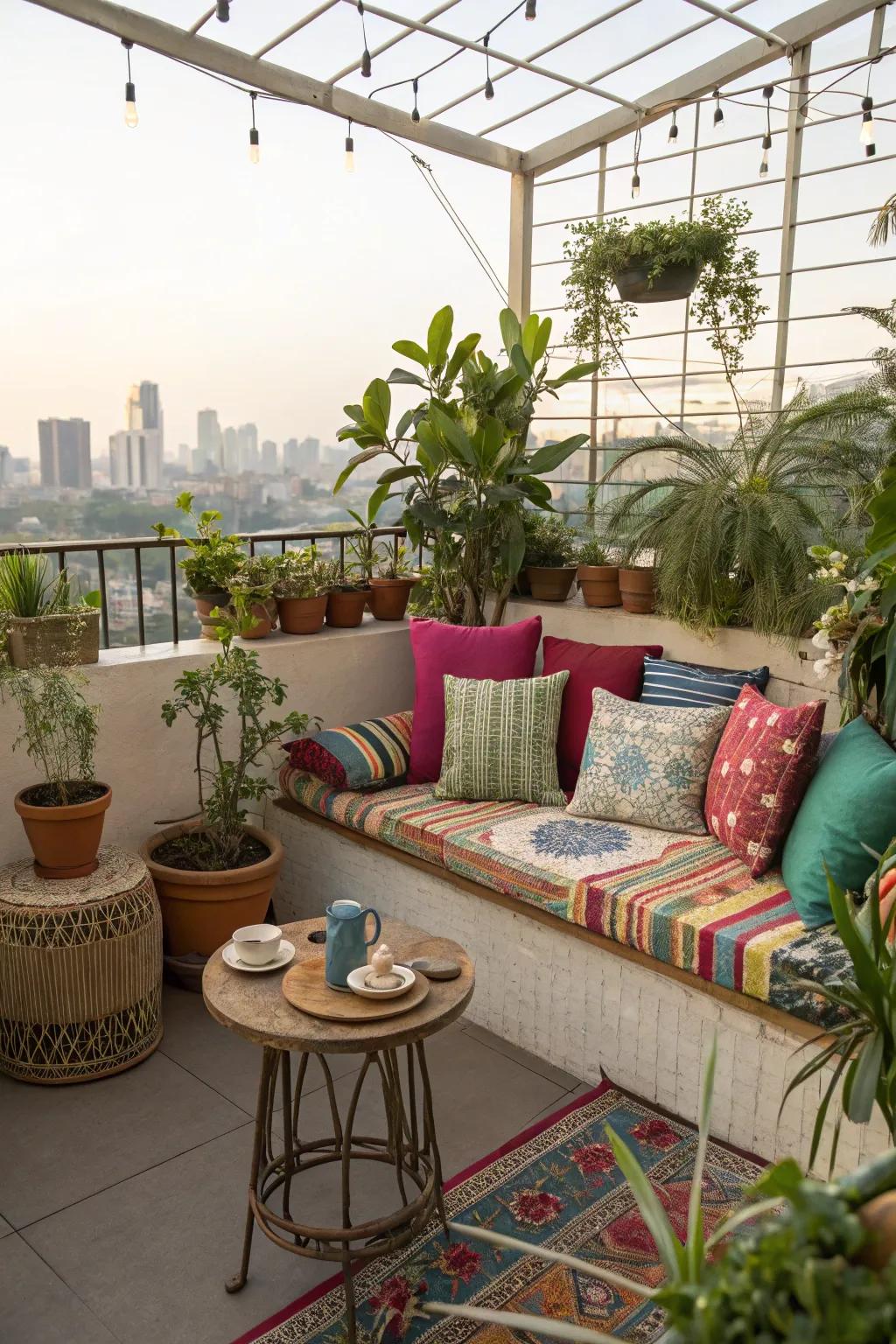 A comfortable rooftop spot with lively cushions and plants.