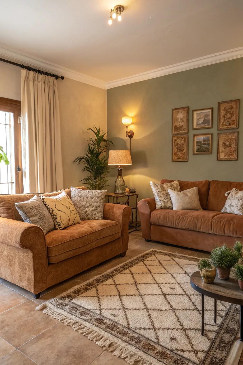 A cozy living room with warm earth tones and plush furnishings.