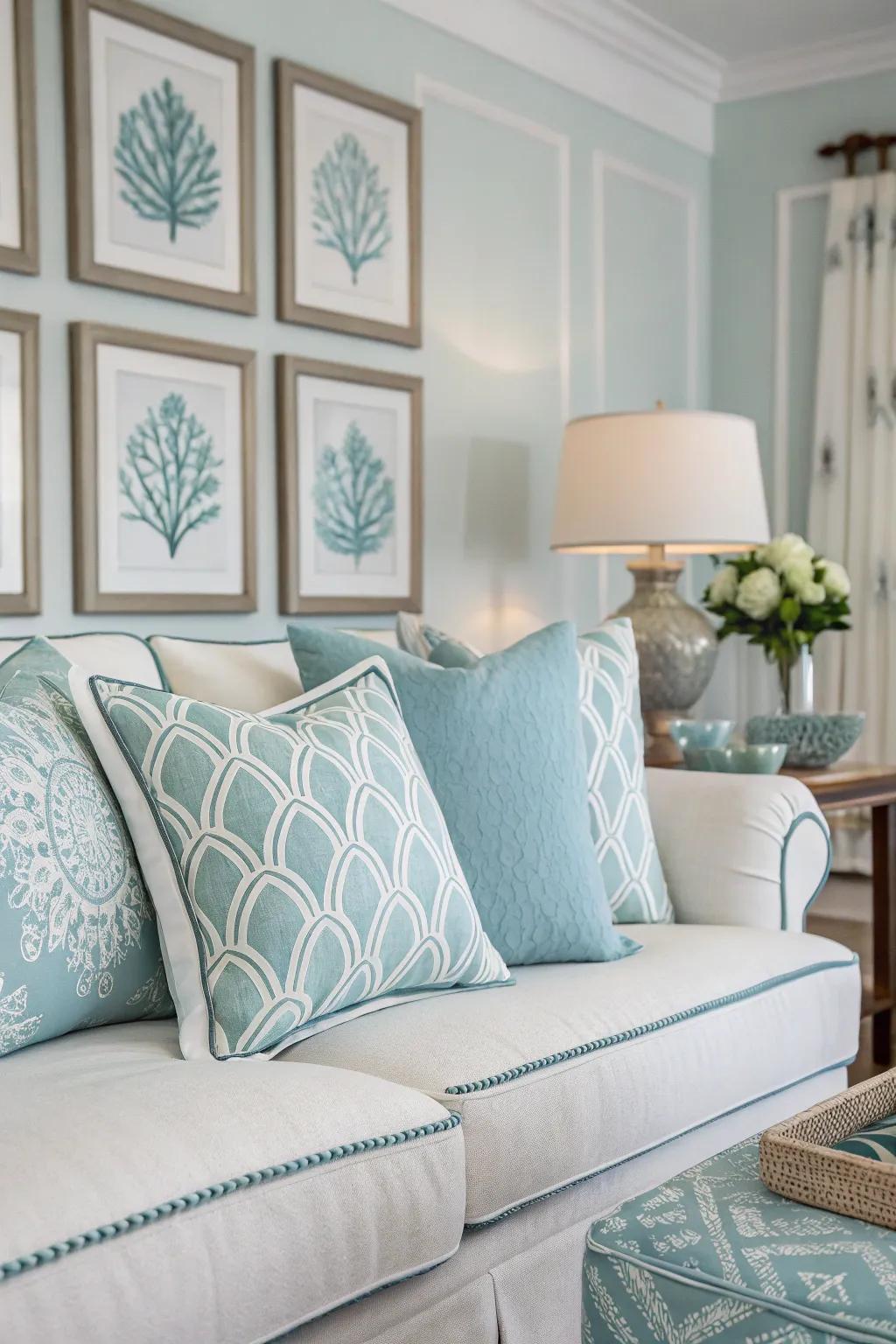 A room showcasing a calming mix of blues and whites.