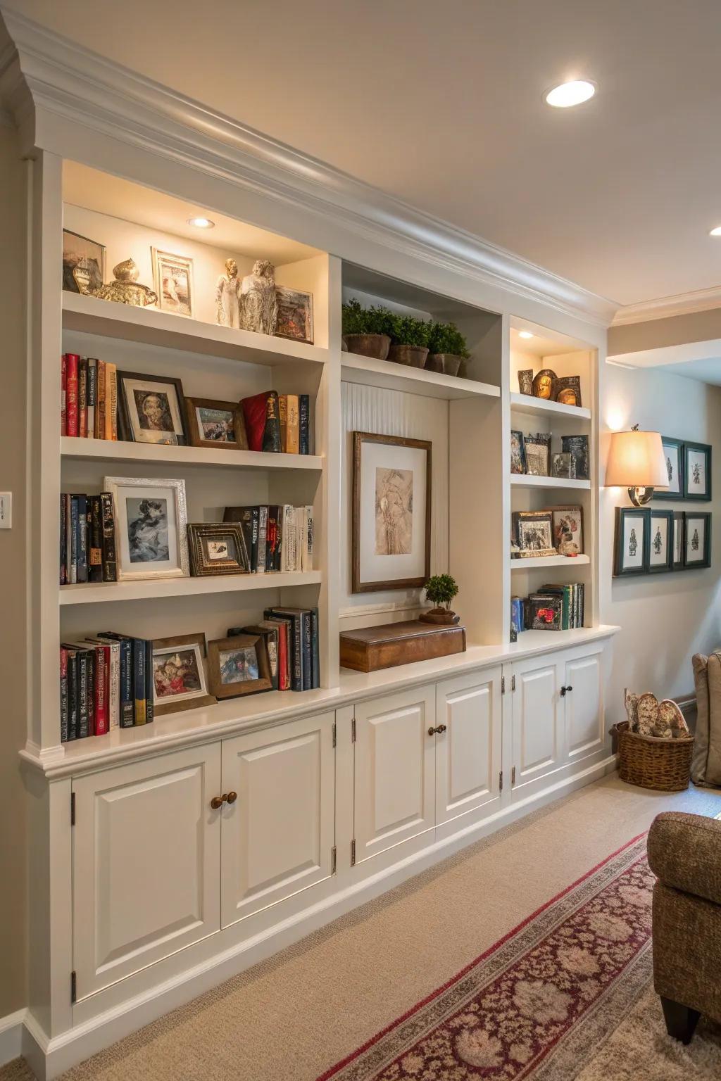 A partial wall with integrated shelving, adorned with books and decorative items, serving as an exquisite area divider.