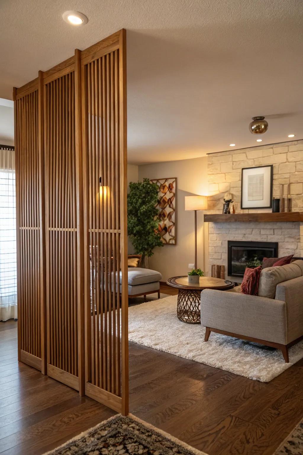 Slat dividers in wood create a blend of coziness and modern style, perfect for creating a warm ambiance.