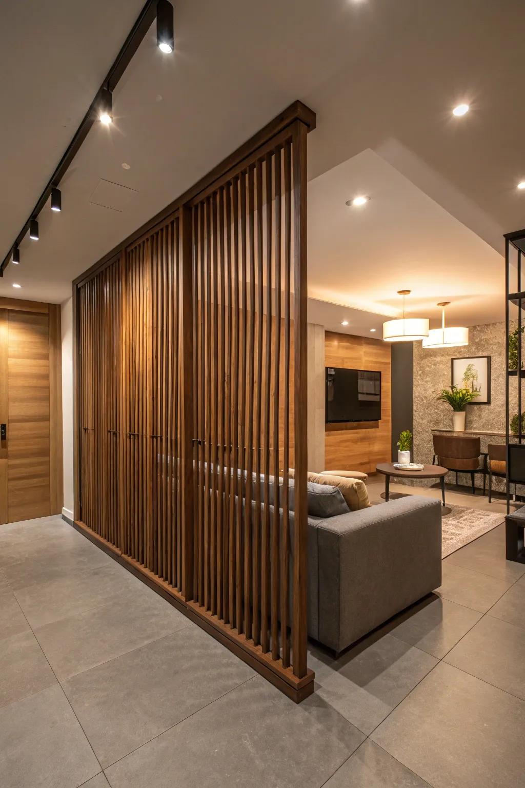 Wooden slats infuse a contemporary yet cozy vibe into any basement.