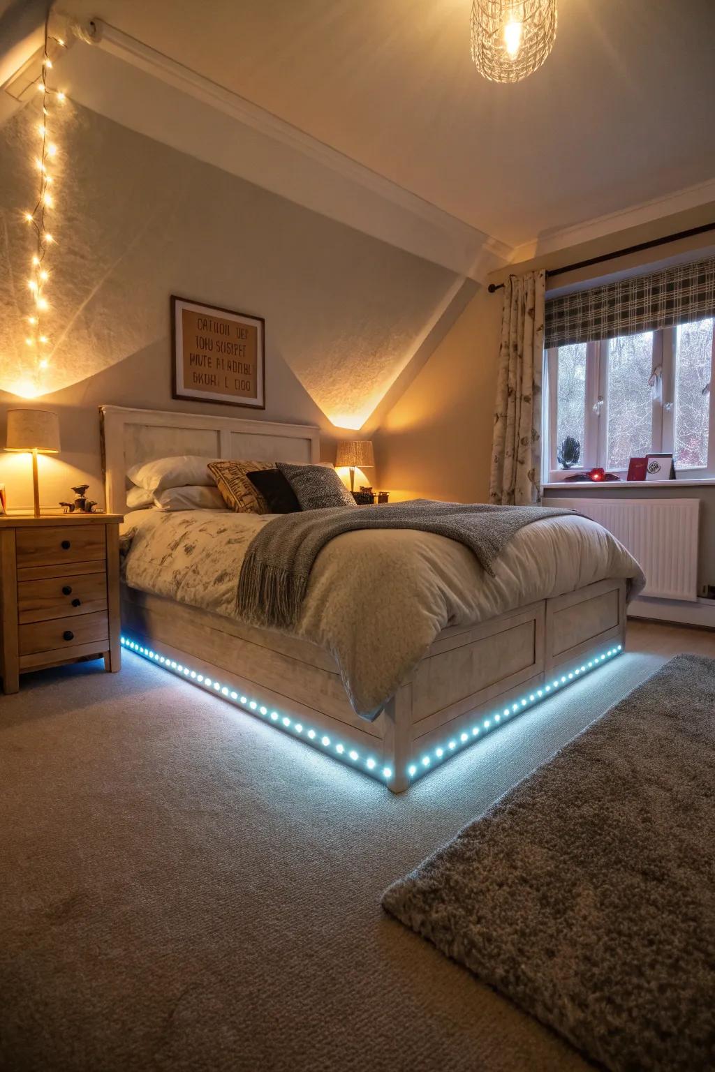 Amplify your bedroom's atmosphere with subtle lighting under the bed.