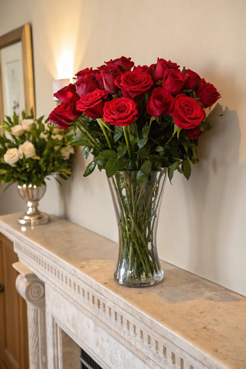 Classic sophistication with crimson roses in a clear glass vase.