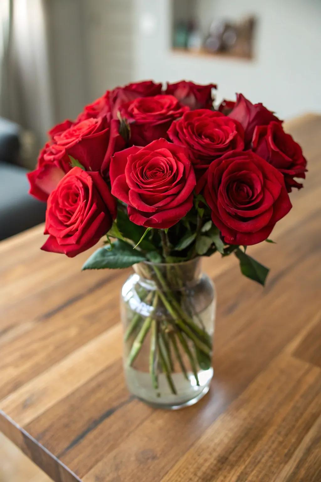 Classic red roses in a glass vase, a necessity for any elegant home.
