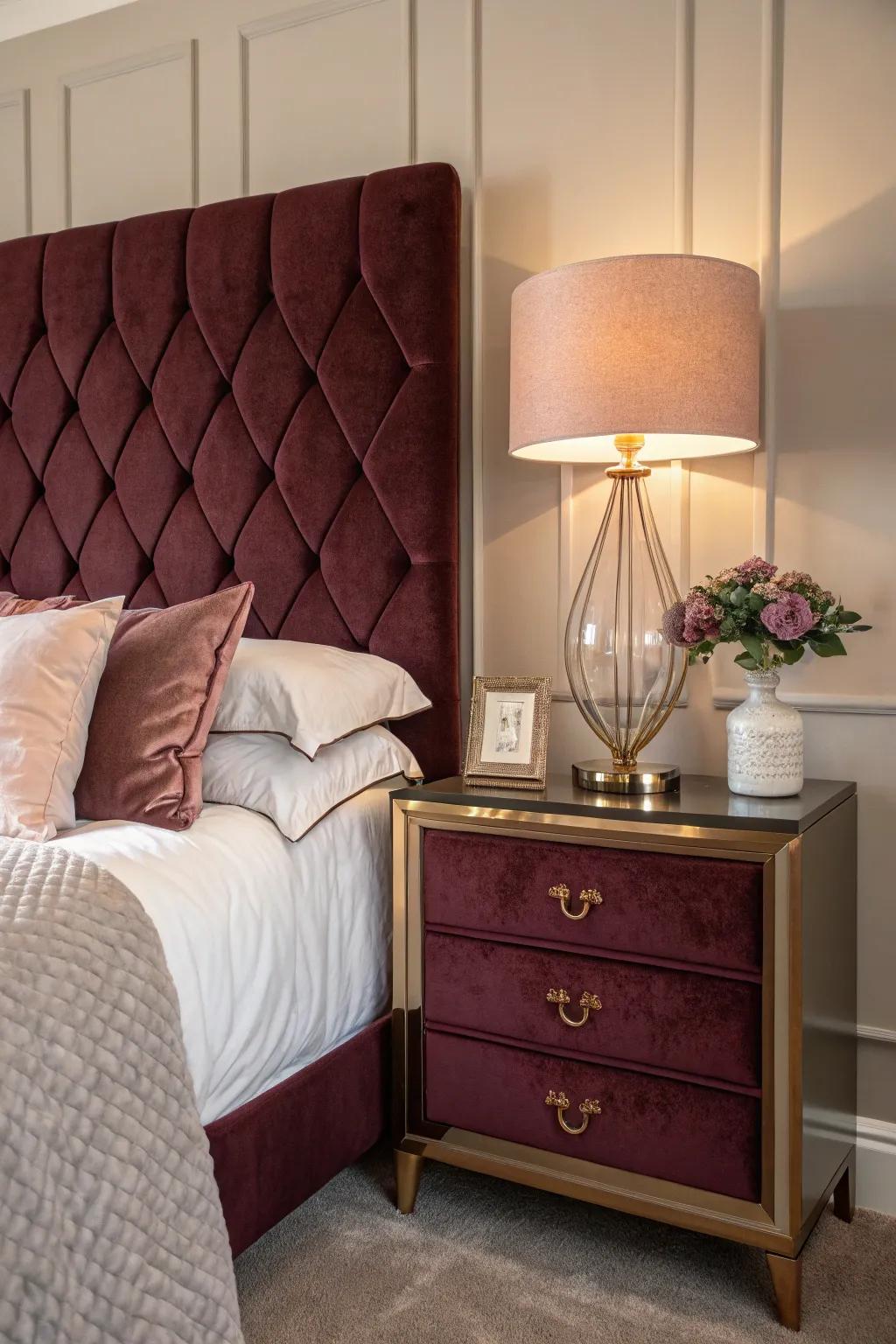 A deep wine-colored soft headboard introduces a luxurious feel to this bedroom.