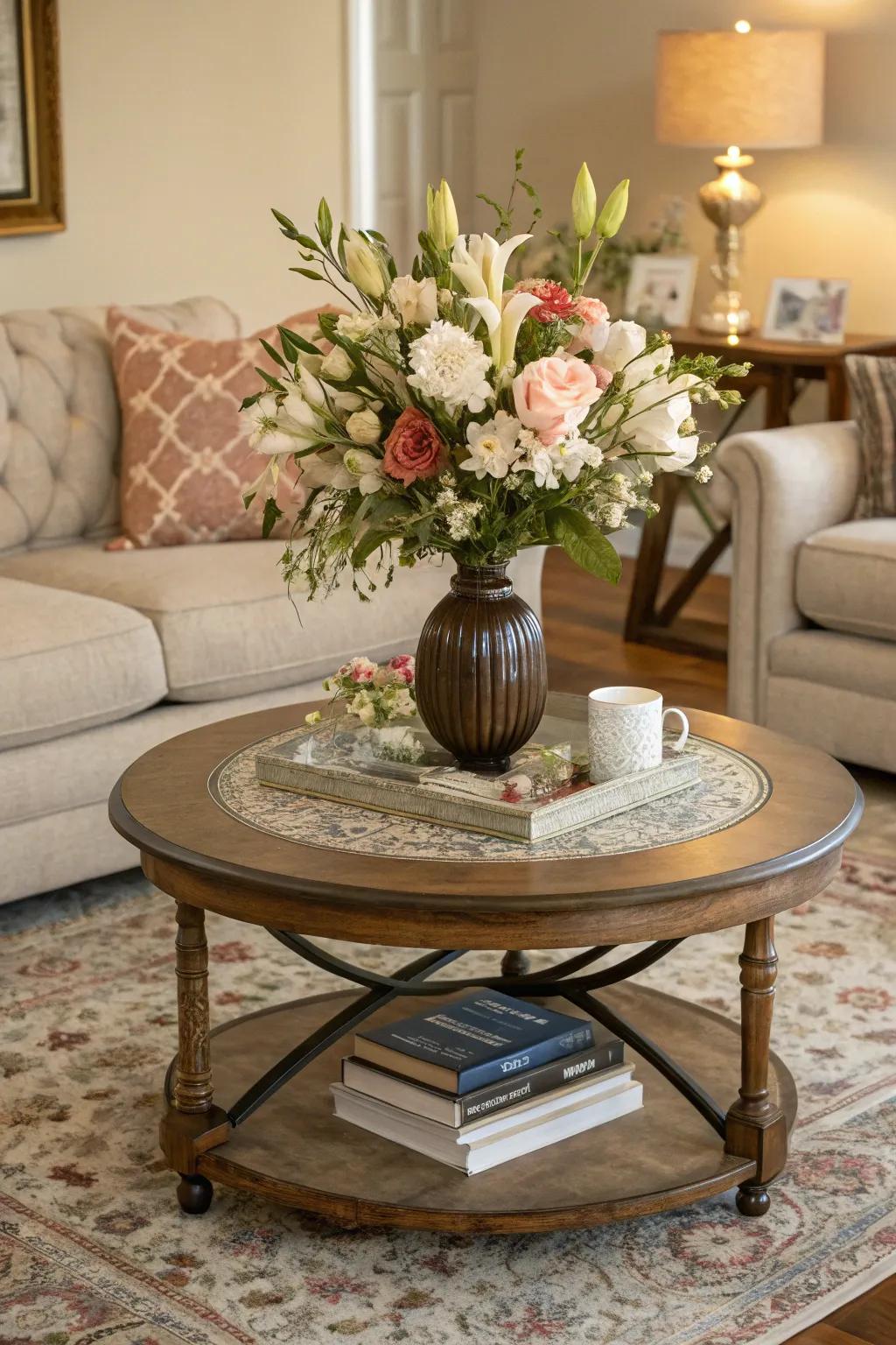 A floral arrangement gives vibrancy to your coffee table's aesthetic.
