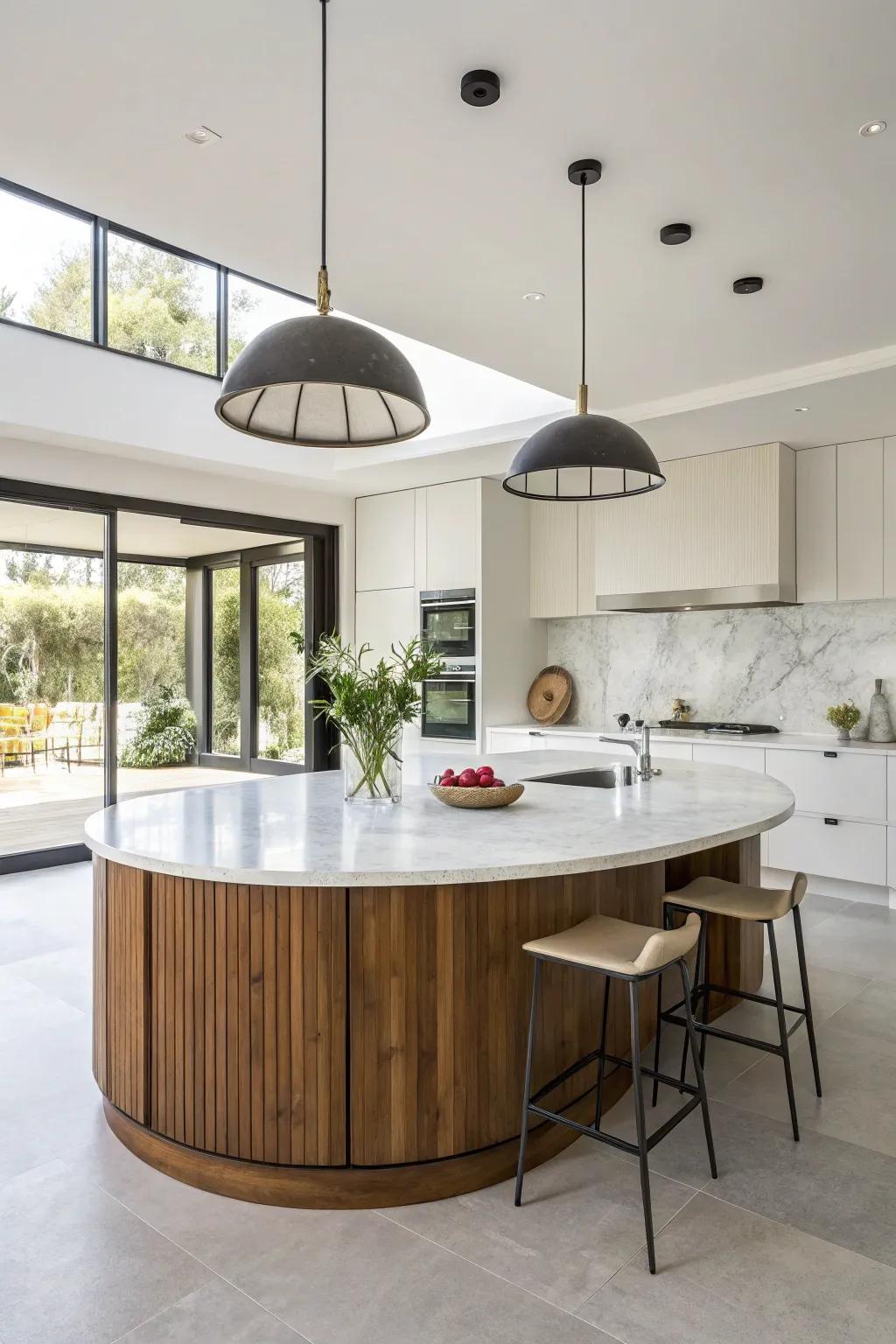 A balanced mix of wooden textures and stone-like elegance in a circular kitchen island.