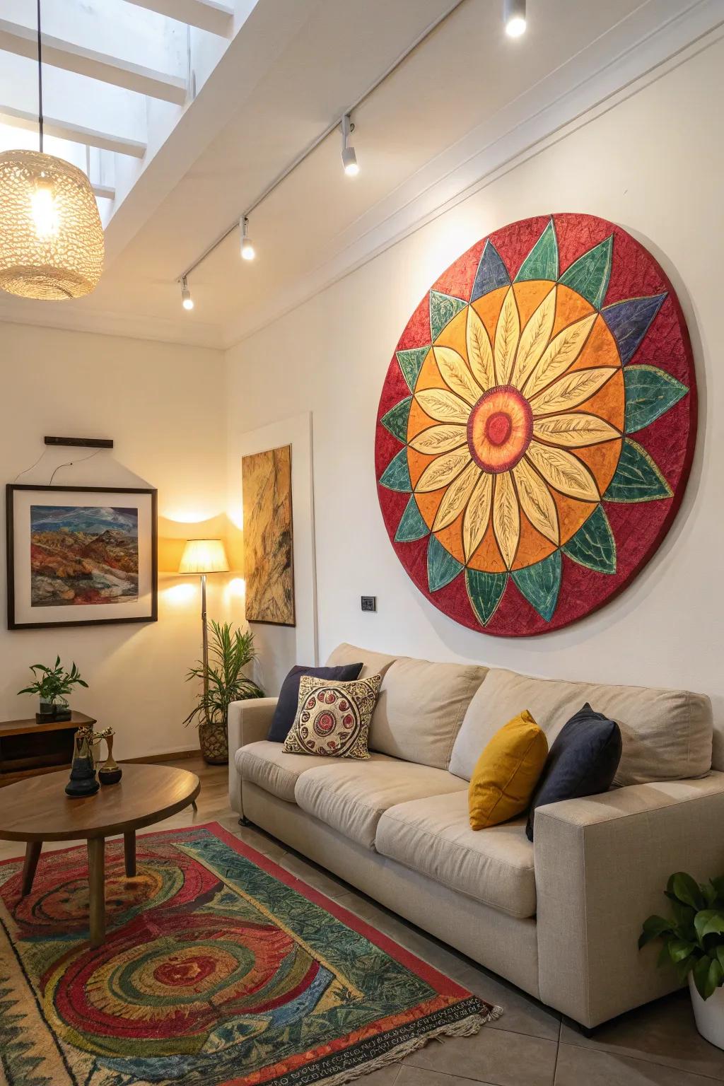 A living area showcasing a vibrant, circular artwork as its main feature.