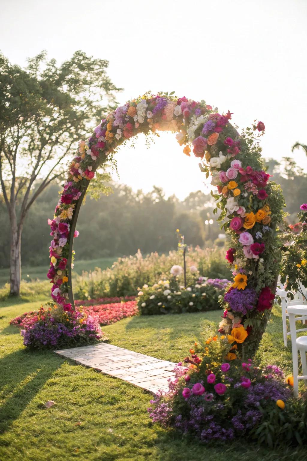 A round wedding arch filled with a variety of vibrant flowers.