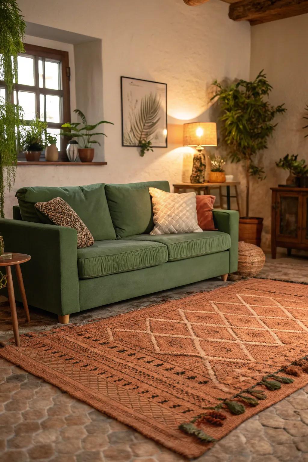 Natural shades can enhance the nature-inspired feel of a green couch.