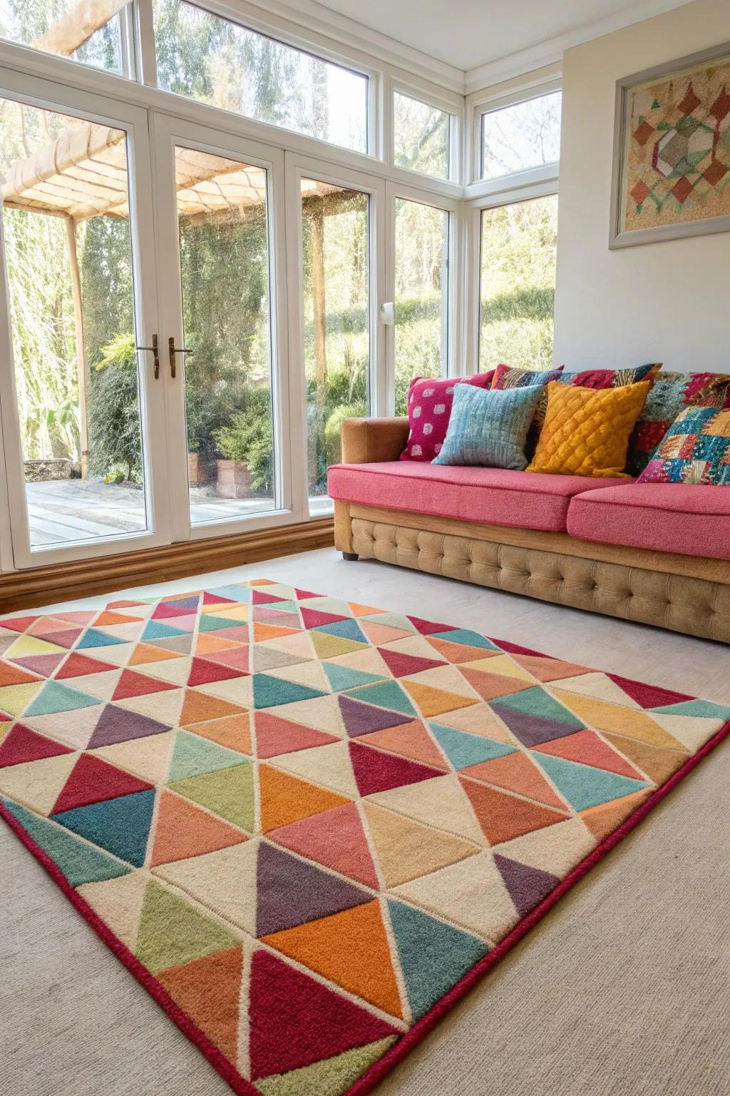 A geometric rug adds a pop of excitement to a plain carpeted room.