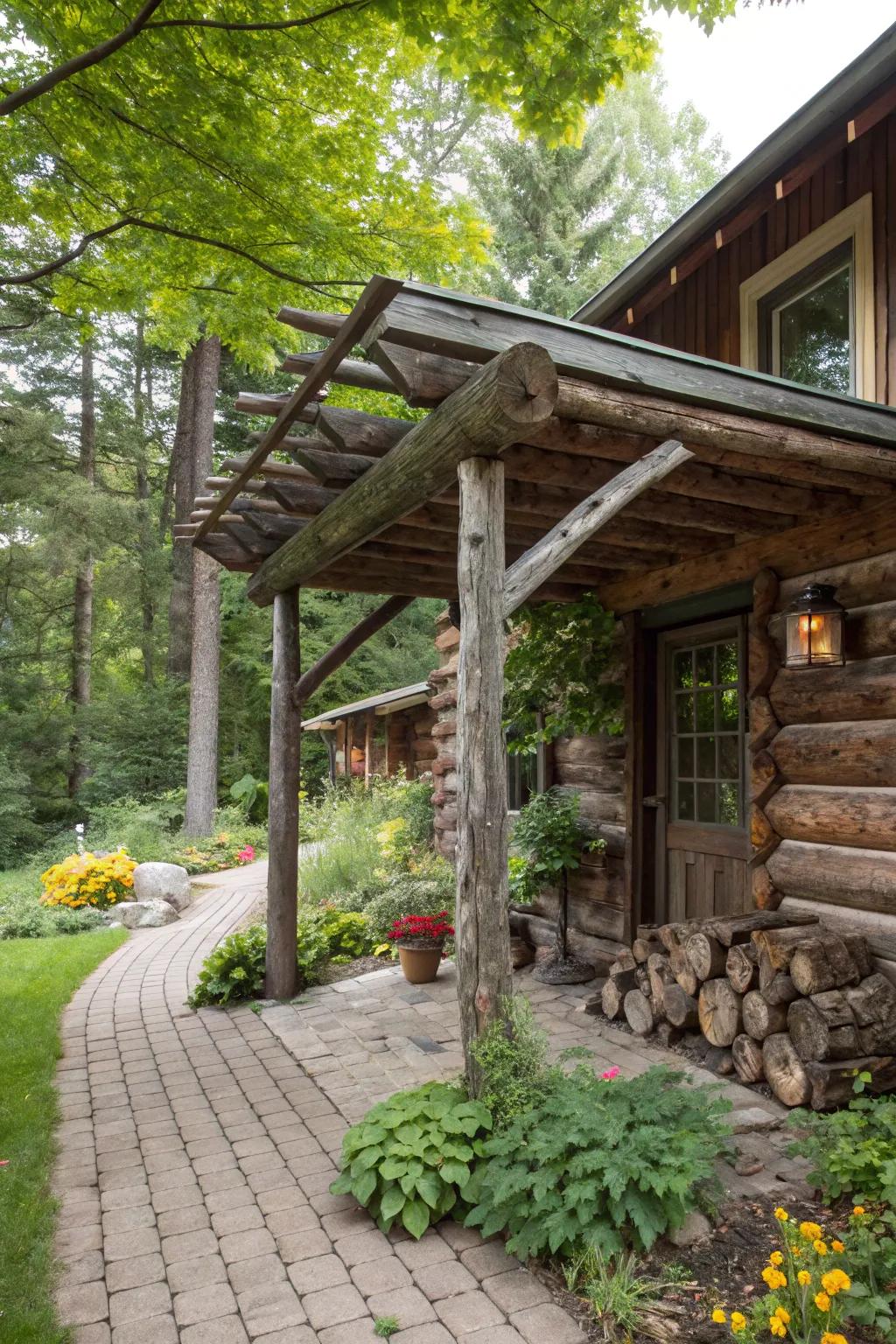An awning of weathered wood offers a cozy, rustic appeal.