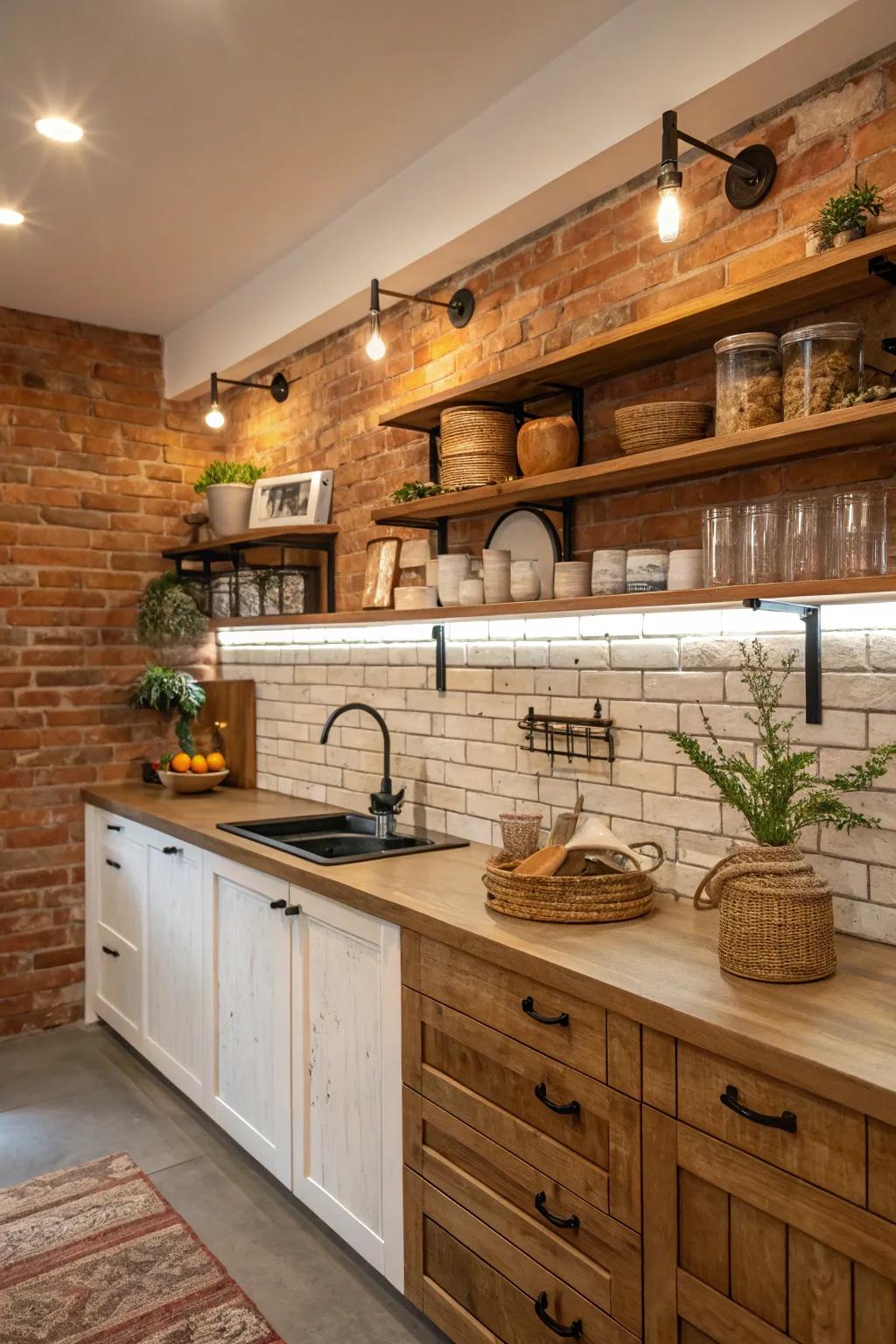 A rustic kitchen showing a exposed brick backsplash.