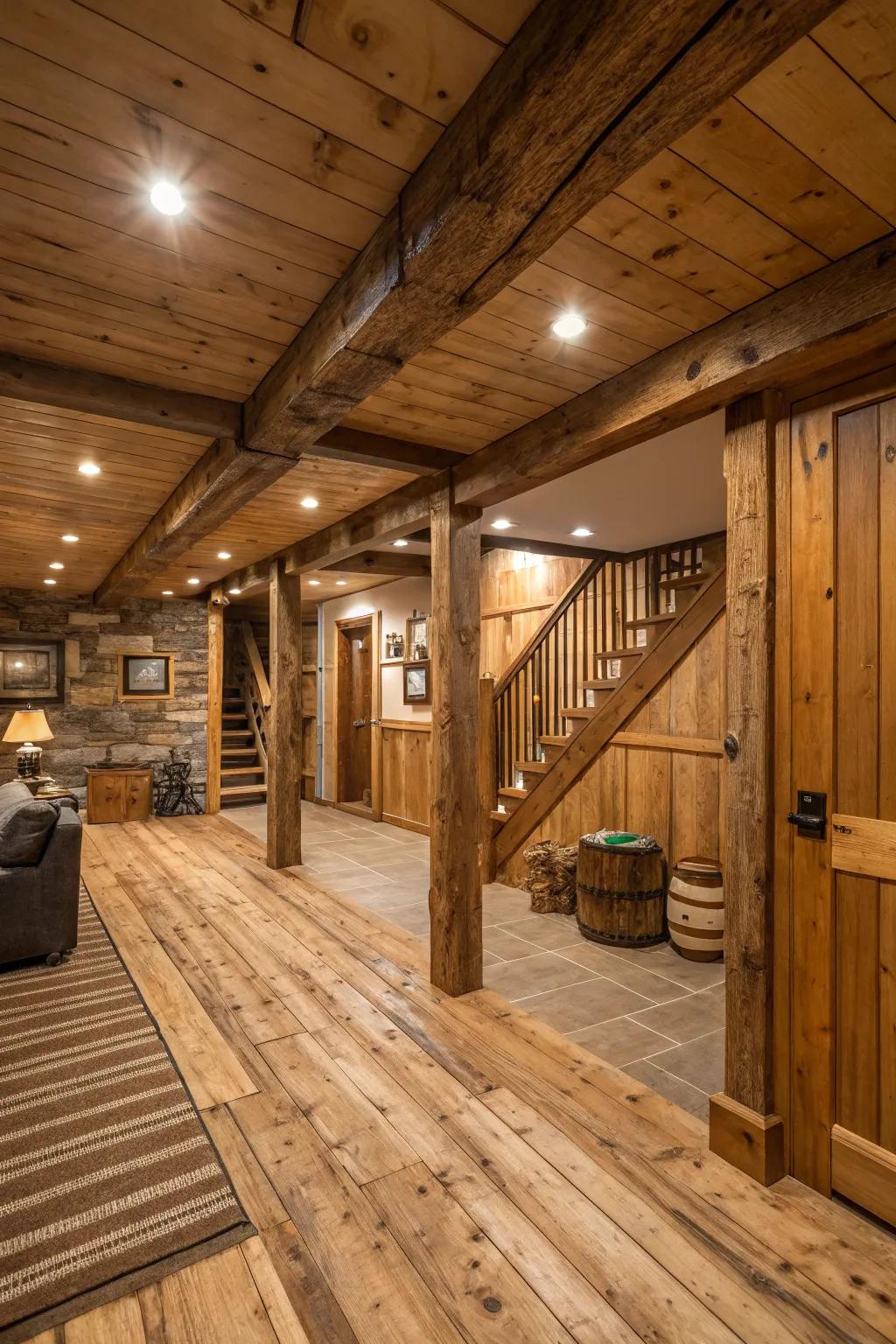 Exposed wooden beams bring rustic charm to your basement.