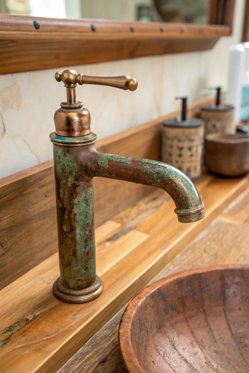 A brass water spout with a weathered finish brings warmth and persona.