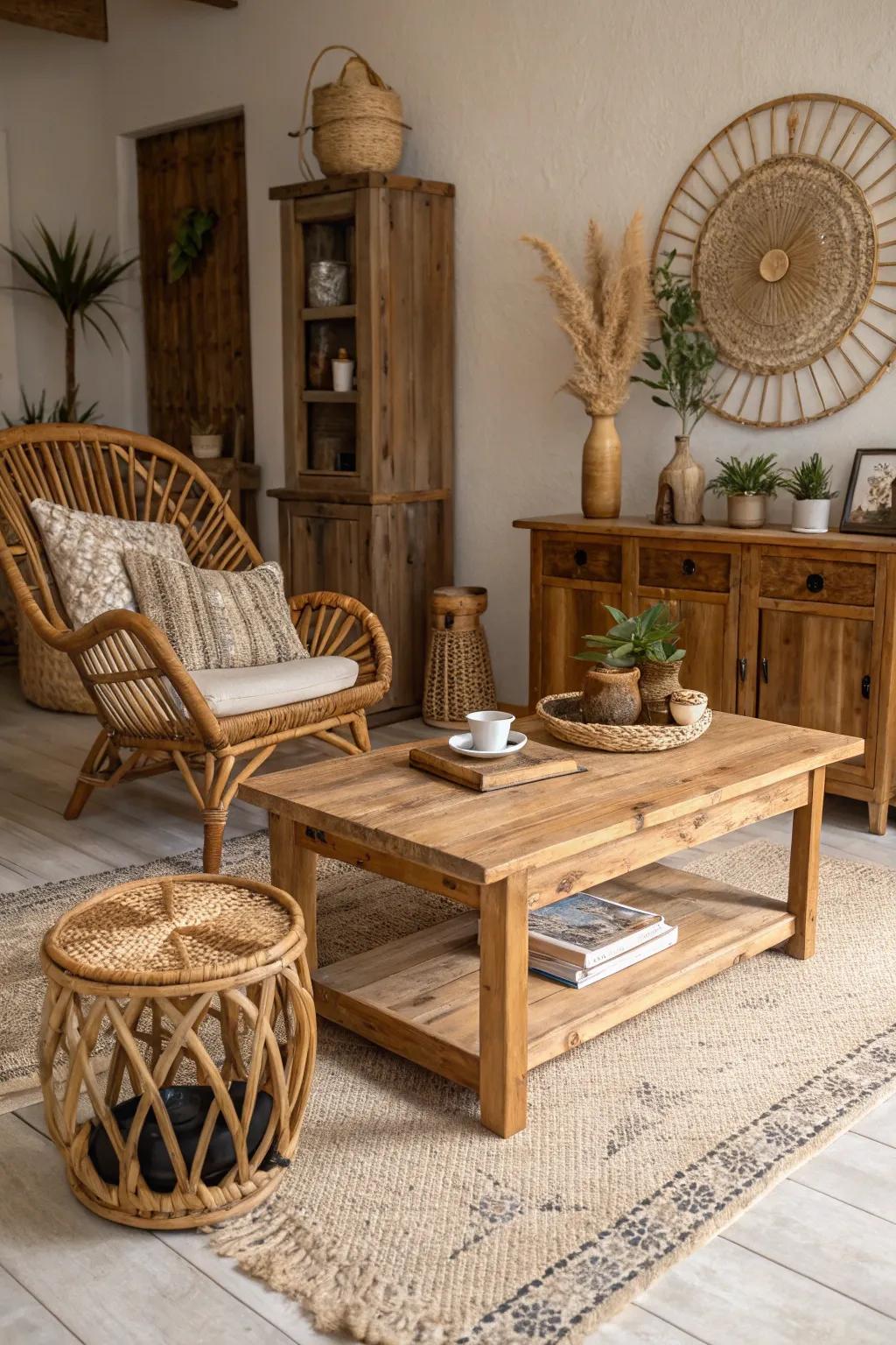 Organic materials such as timber and rattan deliver a cozy, natural ambiance.