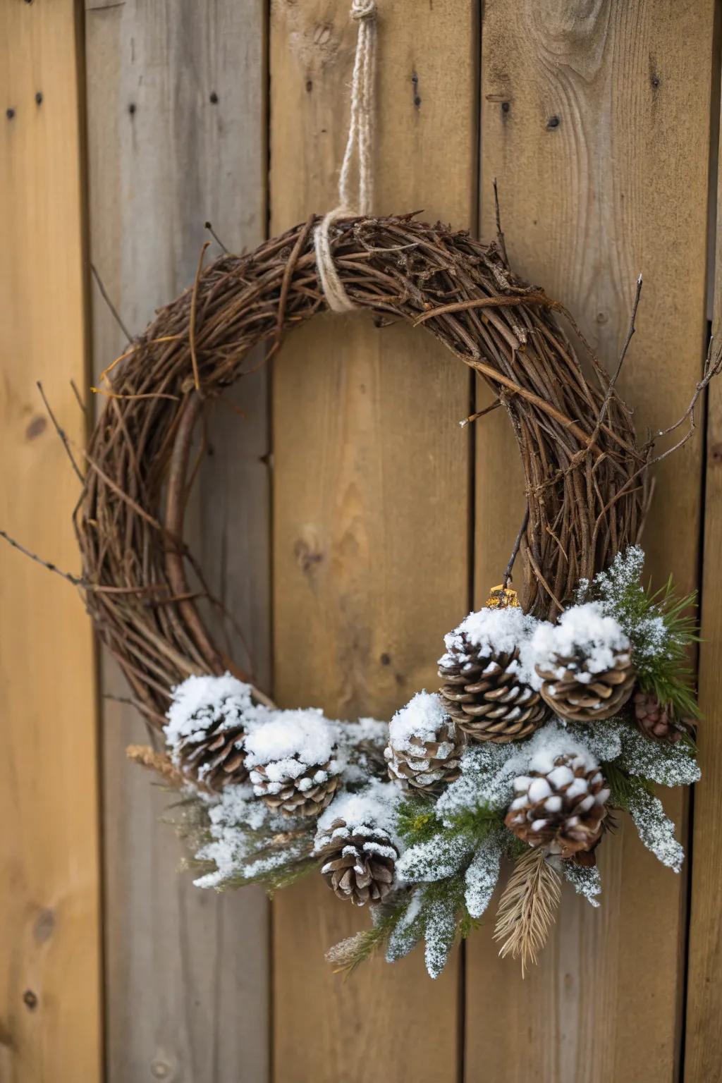 A vine wreath accented with snowy pinecones.