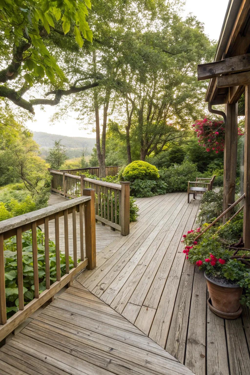 Used lumber brings genuine charm to this country deck.