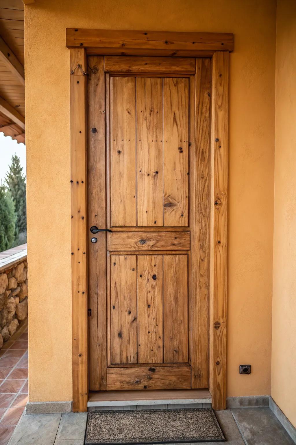 A striking natural wood door that highlights the richness of its grain and texture.