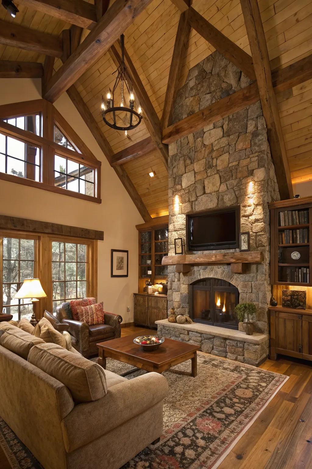 Countryside family room featuring raw timber beams and a rock fireplace.