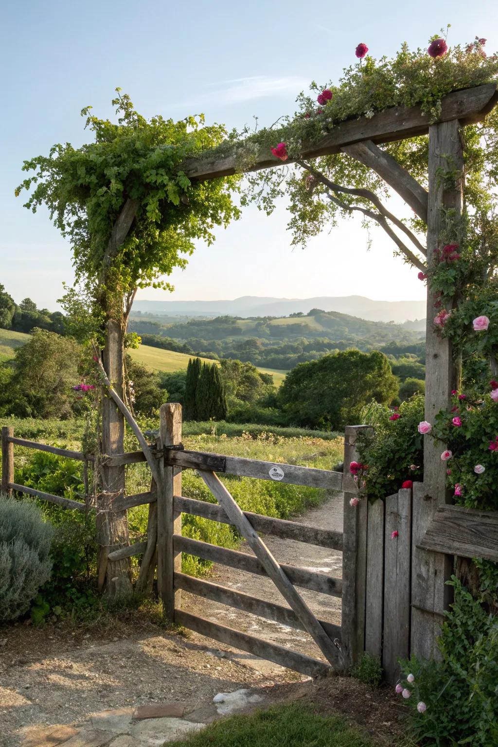 A timeless timber gate enclosed by vibrant plants.
