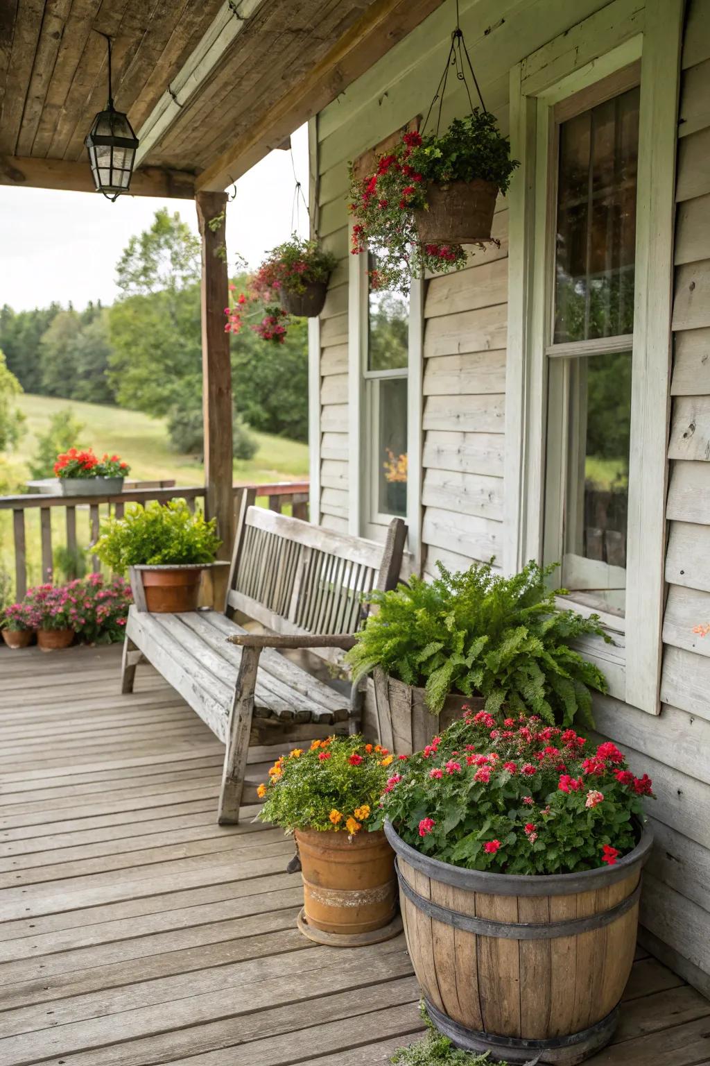 A welcoming wooden bench offers a place to relax on this country-style porch.
