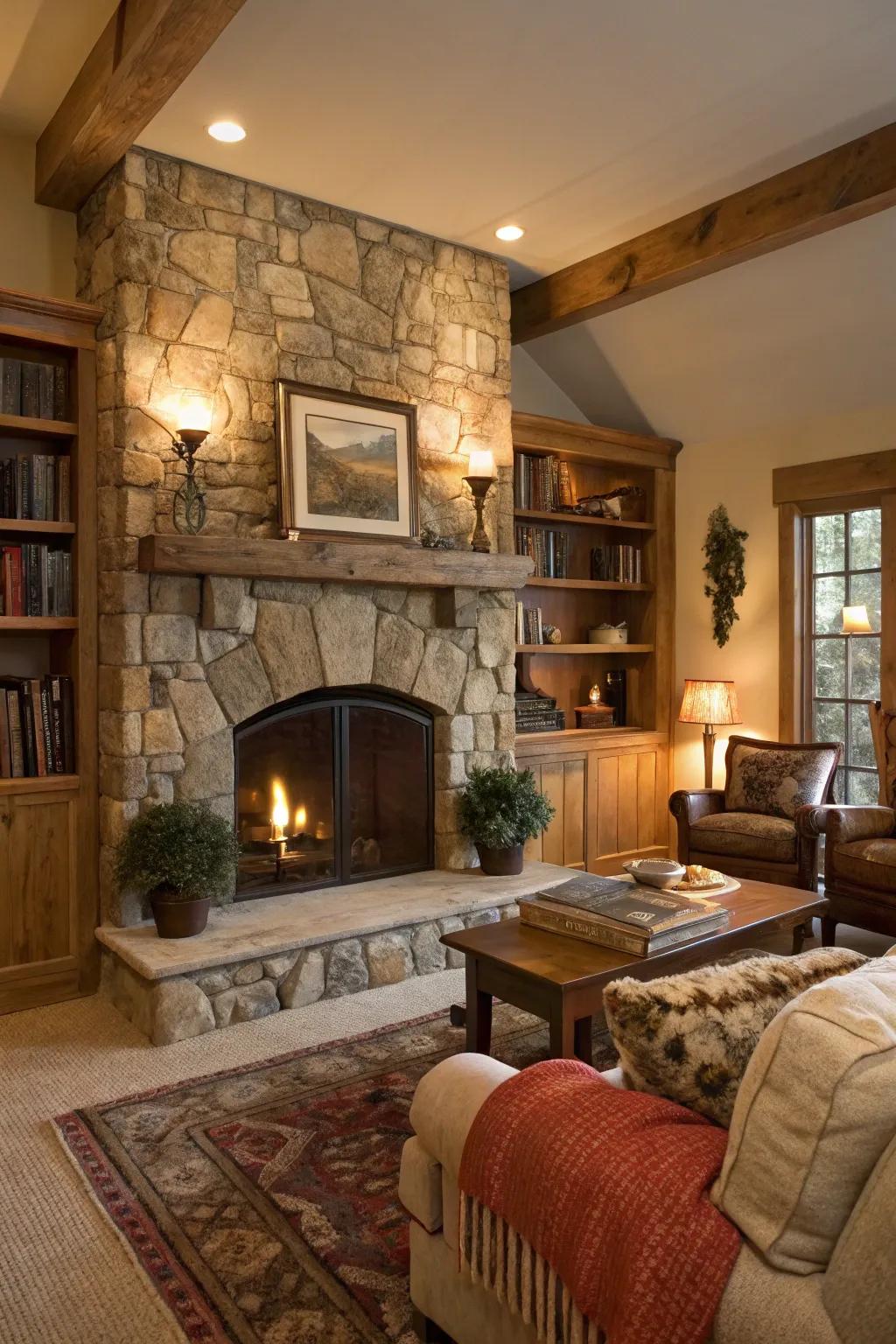 A living space displaying the intrinsic allure of a stone fireplace.