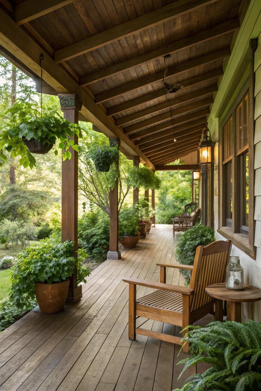 Natural wood elements in the support beams and flooring create a cozy and inviting porch space.