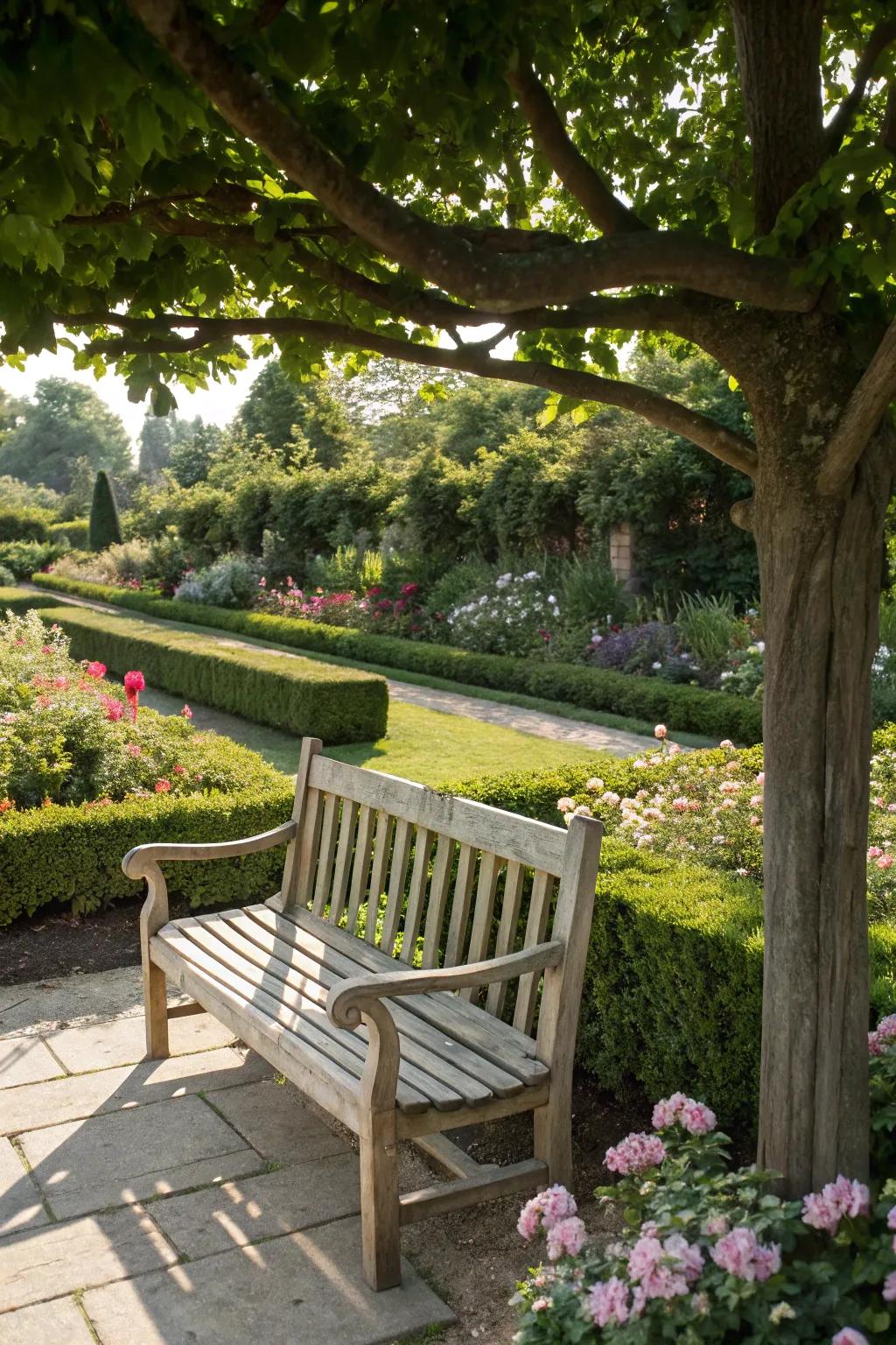A classic wooden bench displaying natural wood grain in a serene garden setting.