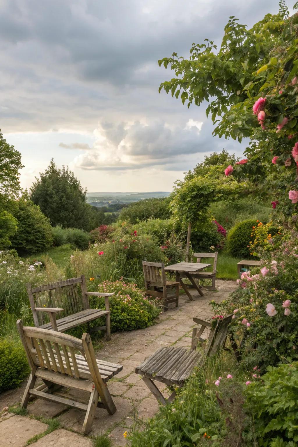 A welcoming seating area nestled in a rustic garden.
