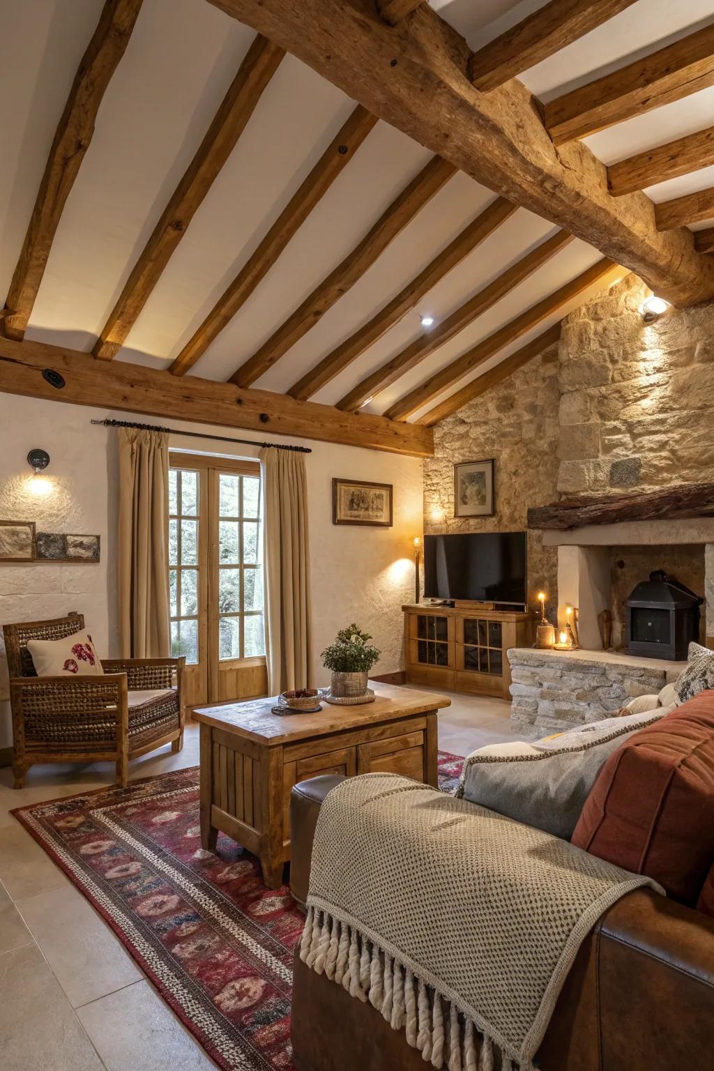 Exposed wooden beams gracing a rustic living area.