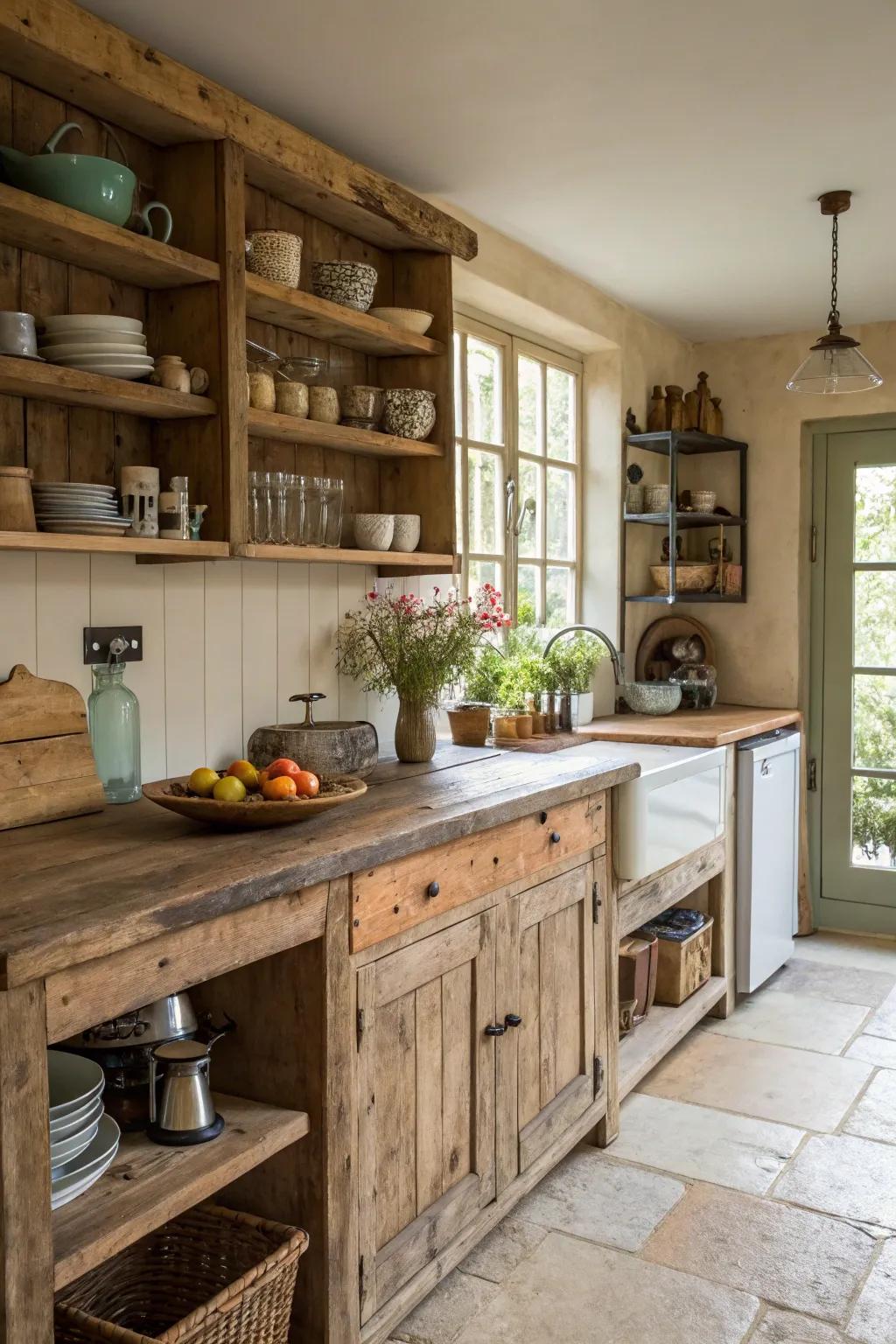 Salvaged lumber adds character and a sense of history to any rustic kitchen.