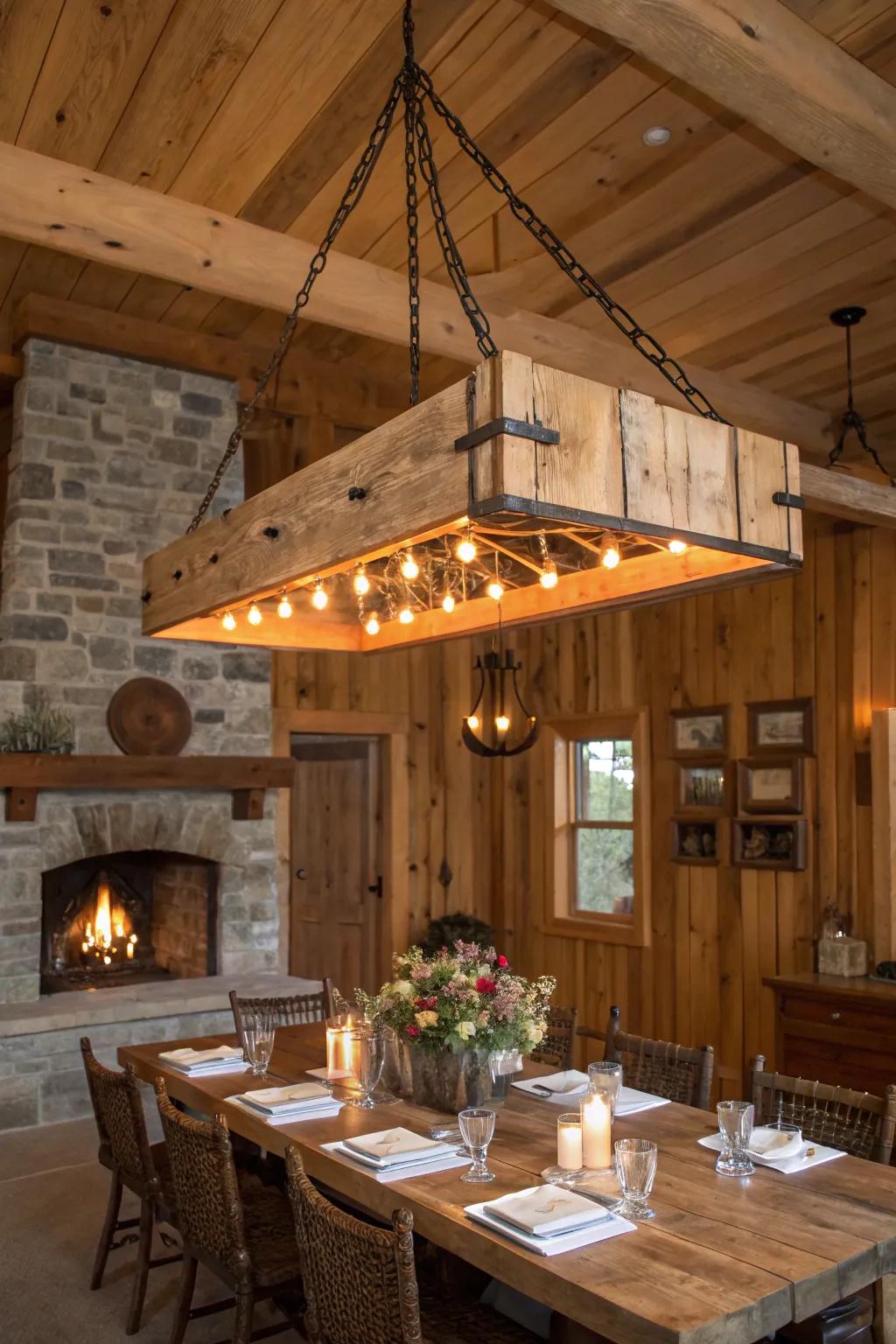 A striking timber beam light brings country sophistication to this dining area.