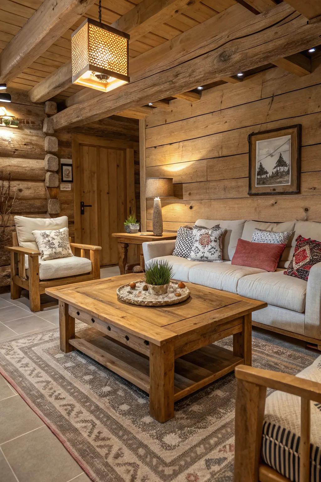 Natural wood furniture infuses any rustic living room with warmth and genuine character.