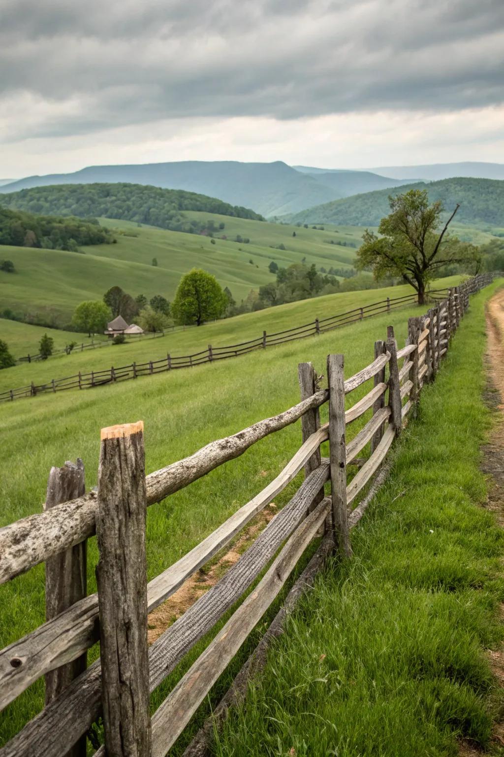 A classic sectioned log fence along gentle hills, creating a feeling of natural sophistication.