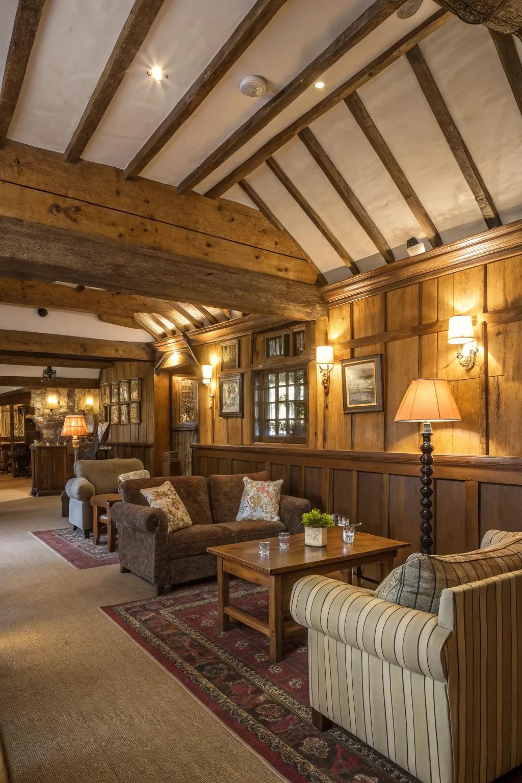 A countryside retreat featuring exposed timber supports, creating a cozy and welcoming ambiance.