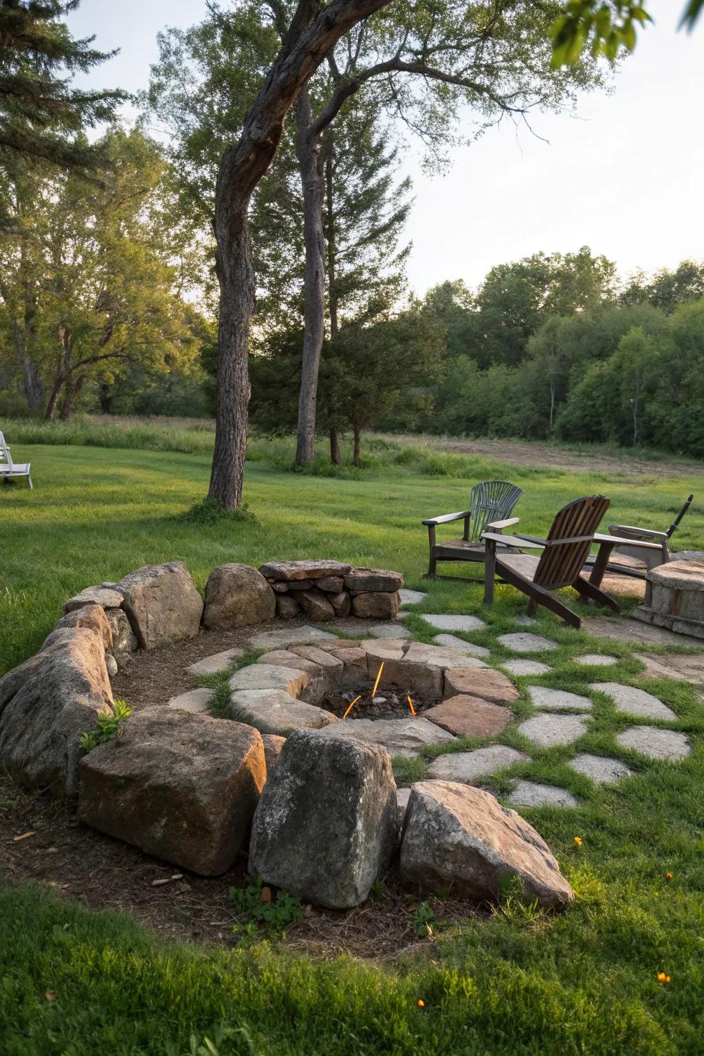 A timeless rock circle fire pit, a wonderful setting for close gatherings.