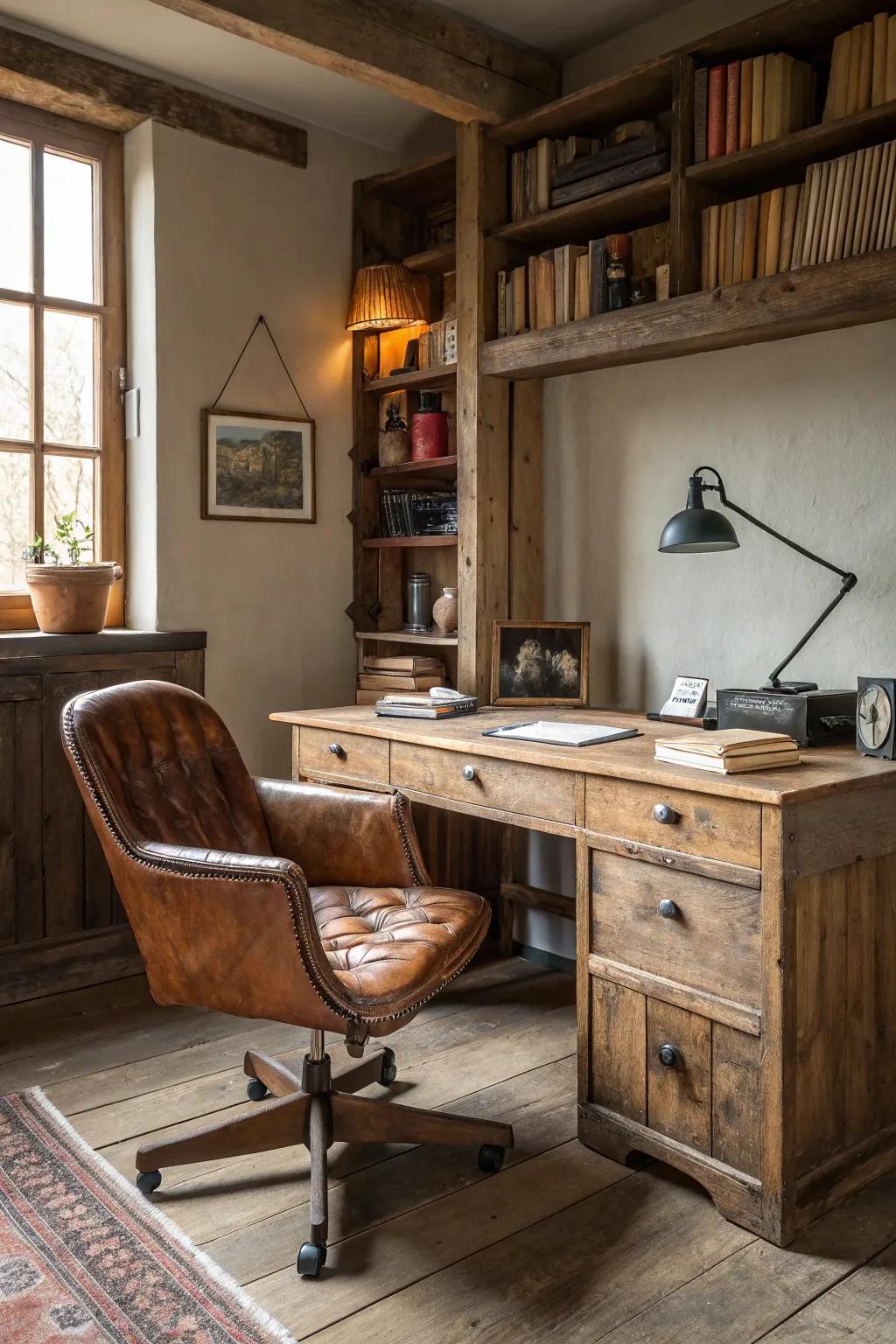 A country-style office showcasing a repurposed timber desk and classic appeal.