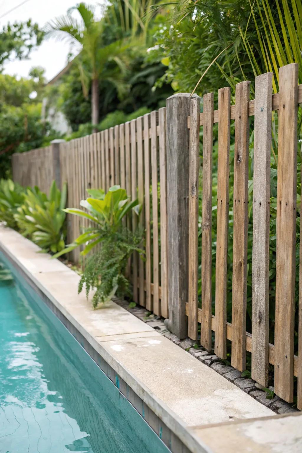 A classic wood slat fence gracefully embracing a pool with natural refinement.