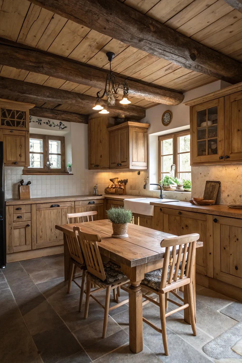 Unprocessed wood units and countertops provide a sense of warmth in this countryside kitchen.