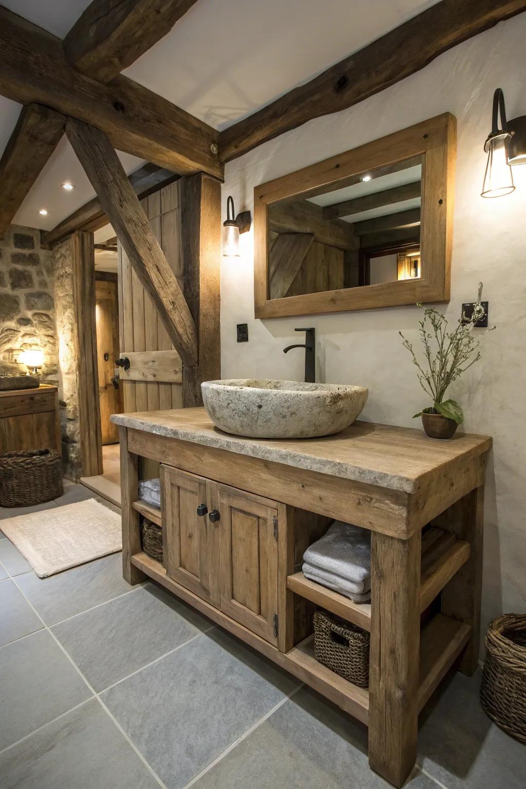 A rustic sink unit created from repurposed lumber enhances coziness and character.