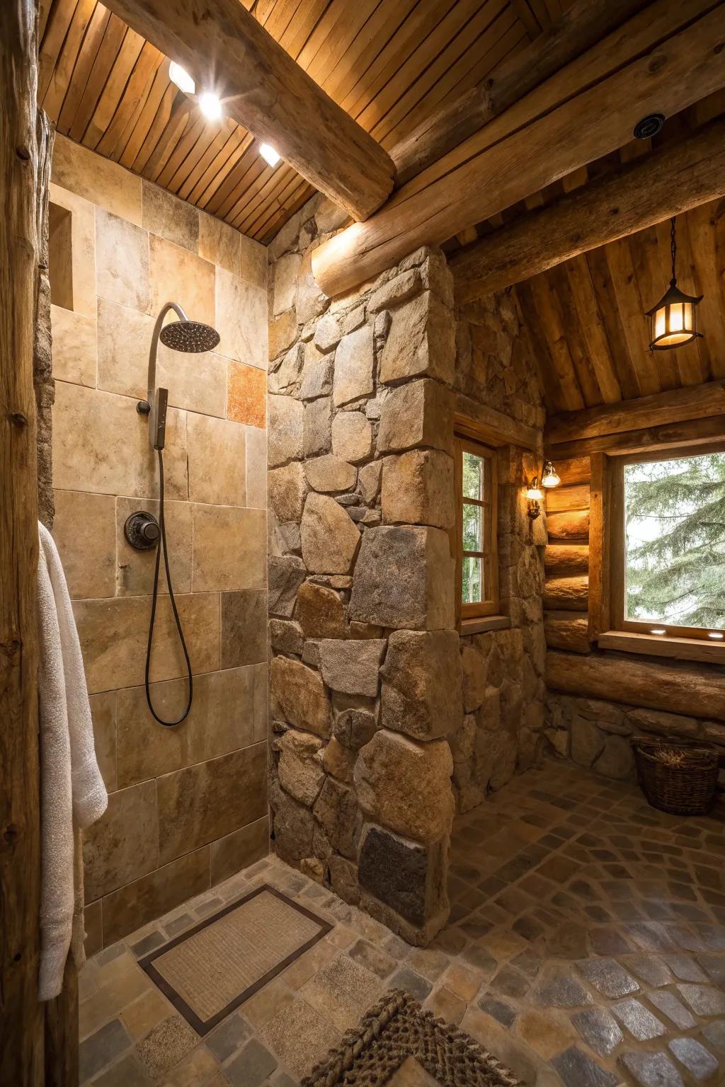 Showcasing a shower adorned with natural stone walls, fostering a serene and naturally beautiful atmosphere.